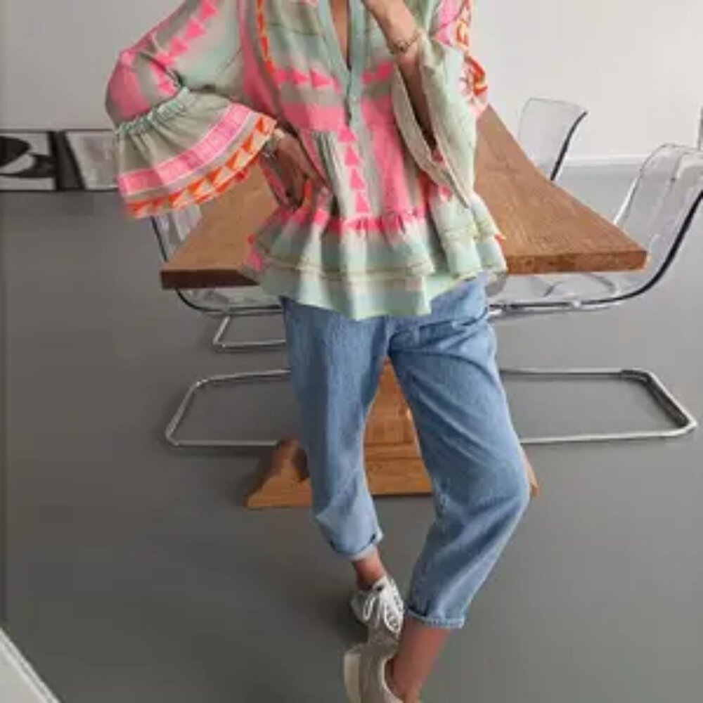 French Colorful Ethnic Print Bell Sleeve Blouse Dress